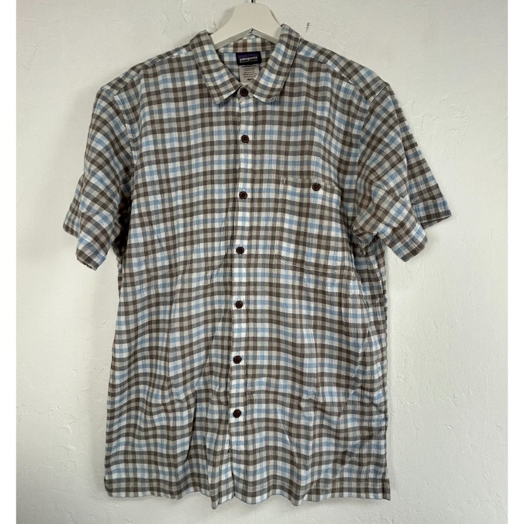 Patagonia Men's Casual Button Down Shirt Organic Cotton Gray Blue Plaid Large